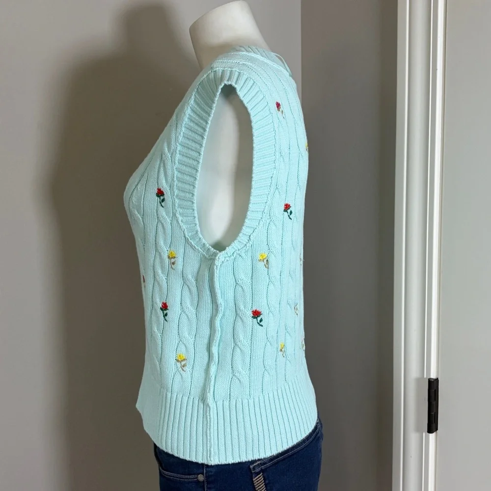 FREE PEOPLE PLUMERIA FLORAL VEST BLUE GLASS Cable Knit Sweater Sz S NEW